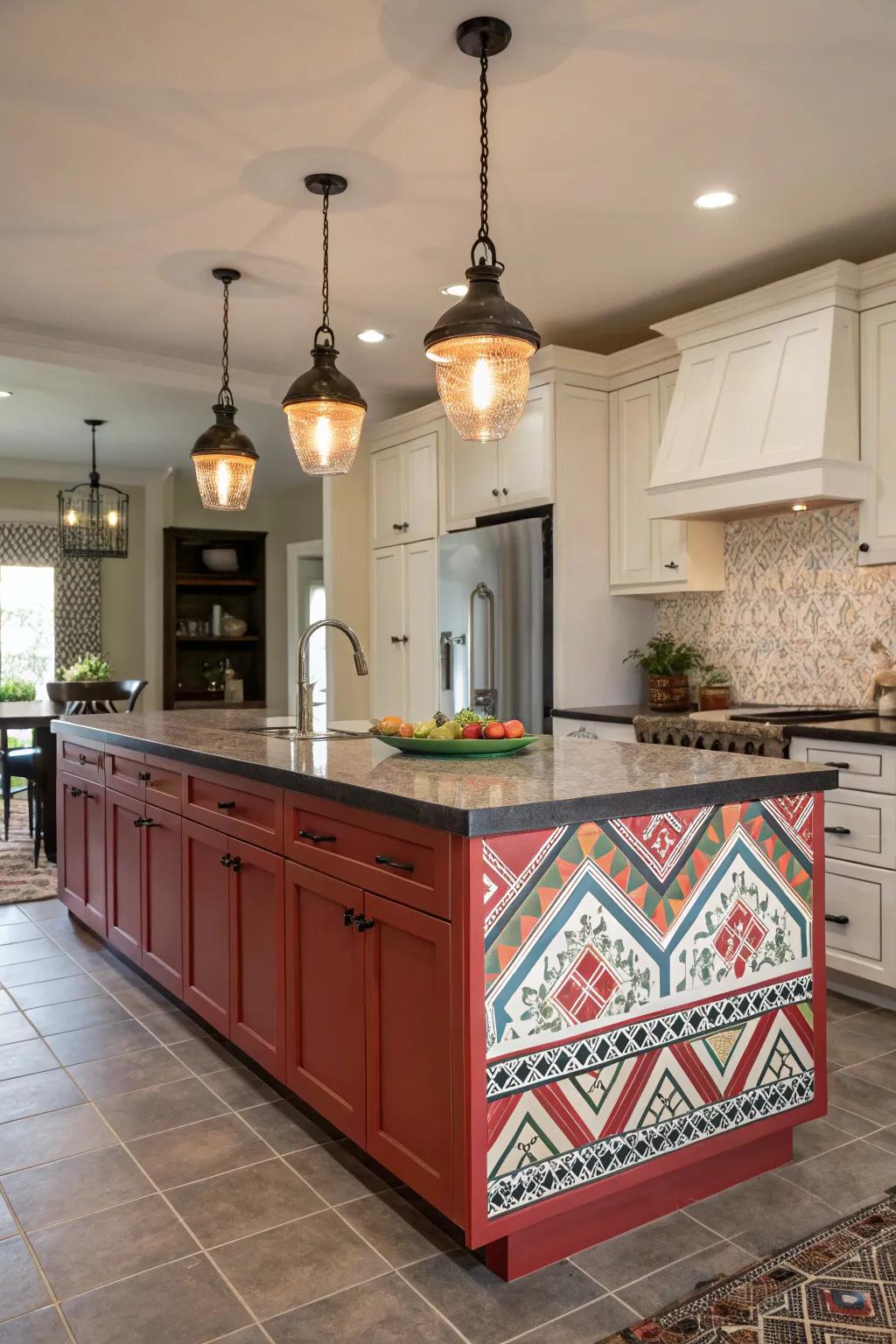 A bold synthetic stone island makes for a stunning kitchen centerpiece.