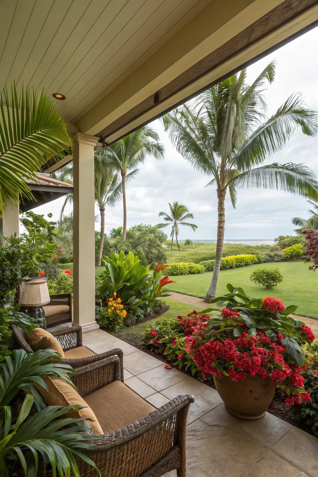 Tropical flora bring a vibrant, exotic feel to this lanai.