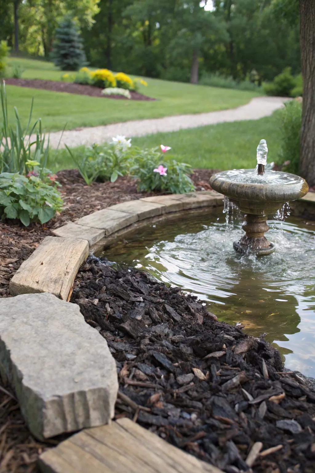 Use ground cover to enhance your water feature for a natural look.