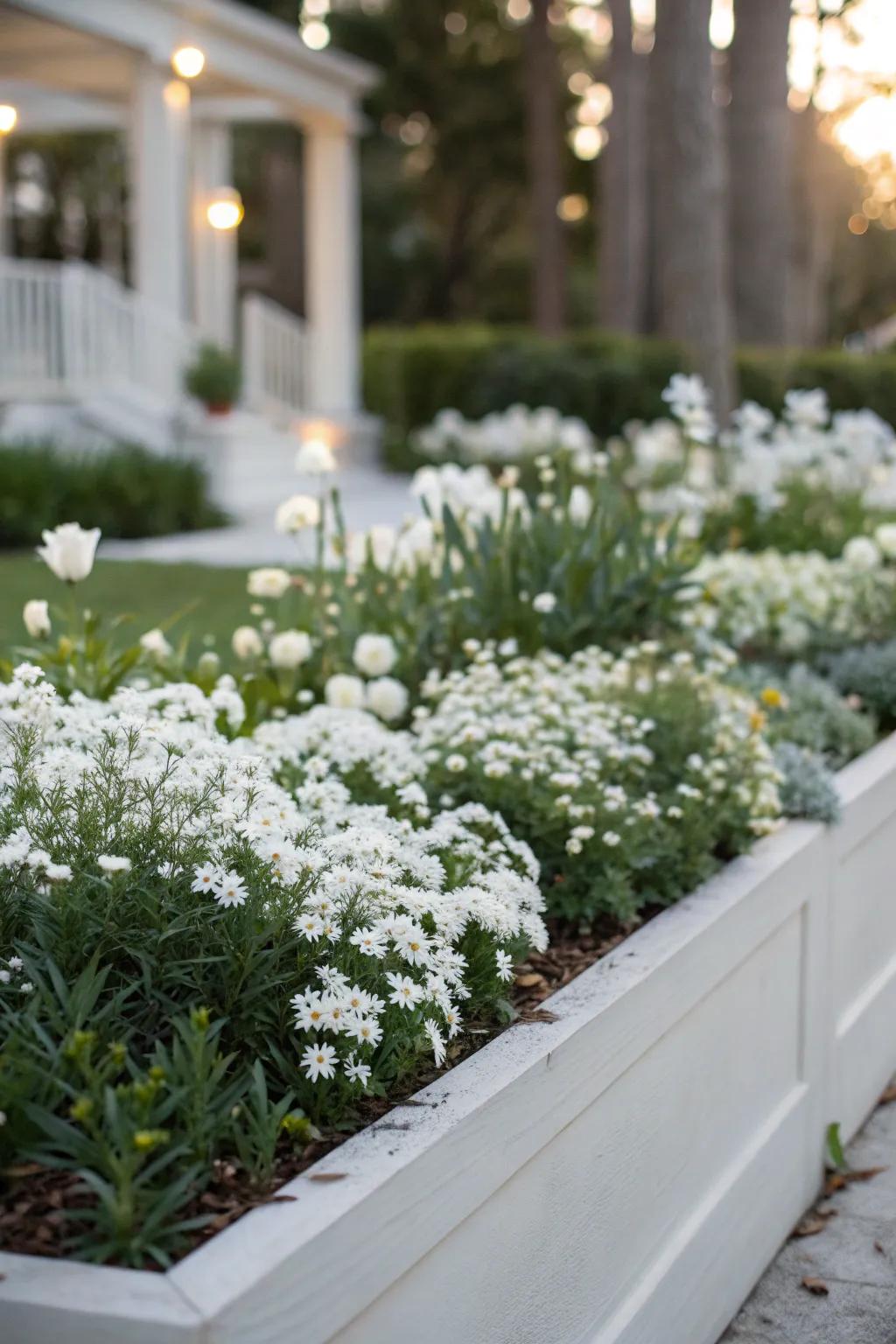 A cohesive garden bed with a monochromatic white theme.