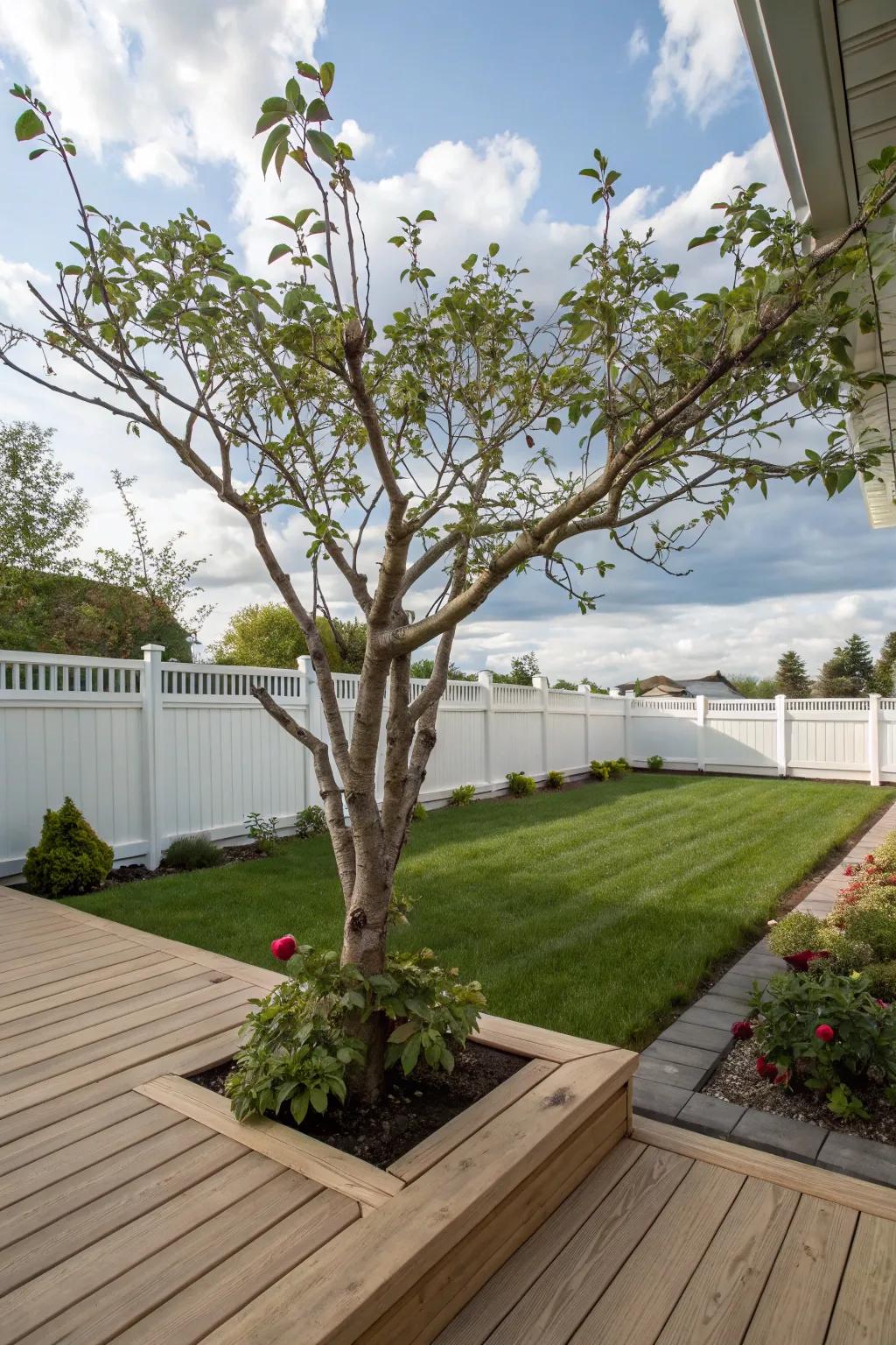 A tree incorporated into a boardwalk, offering a cozy outdoor living space.