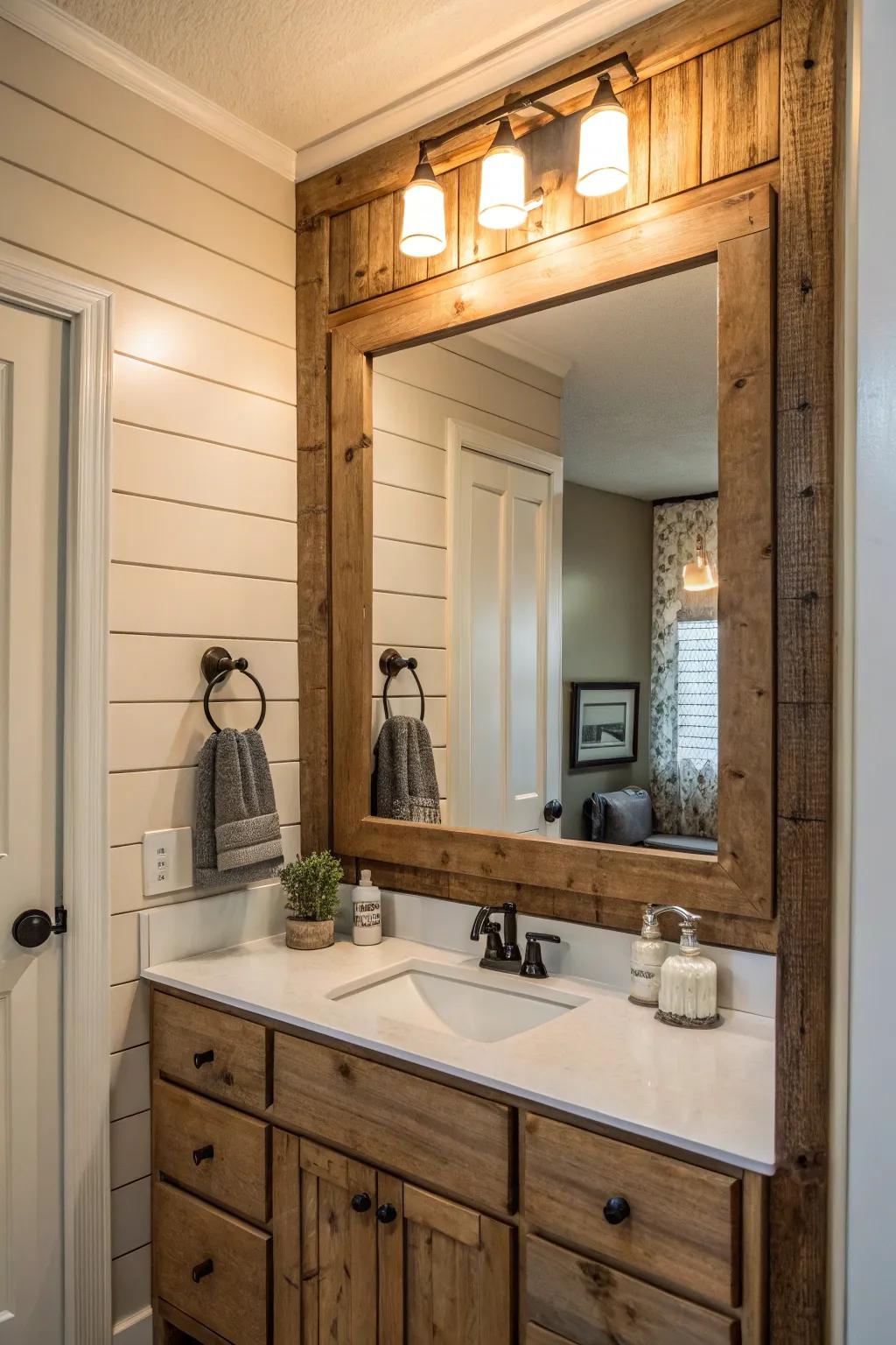 Paneling introduces warmth and farmhouse charm to bathroom mirrors.