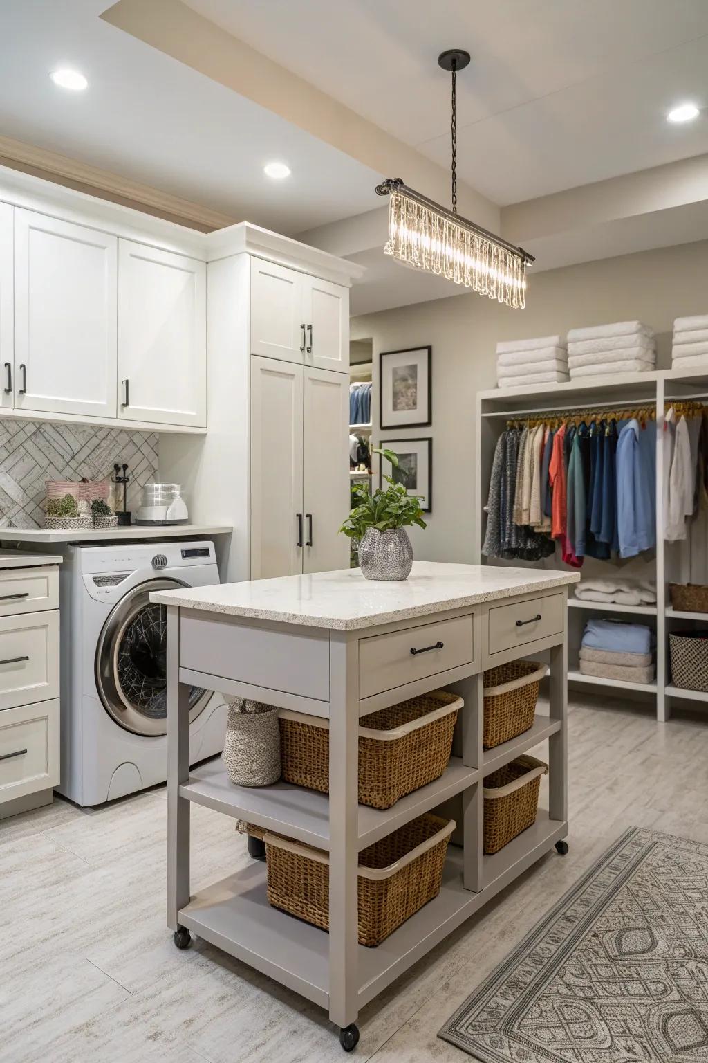 A functional folding table within a spacious laundry room.