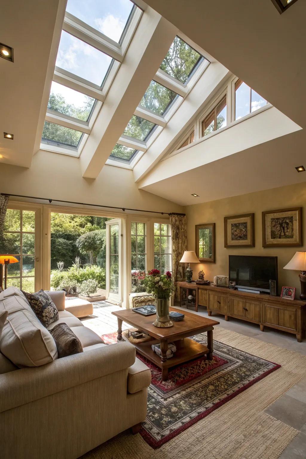 Skylights channeling unimpeded solar influx into the dwelling area.