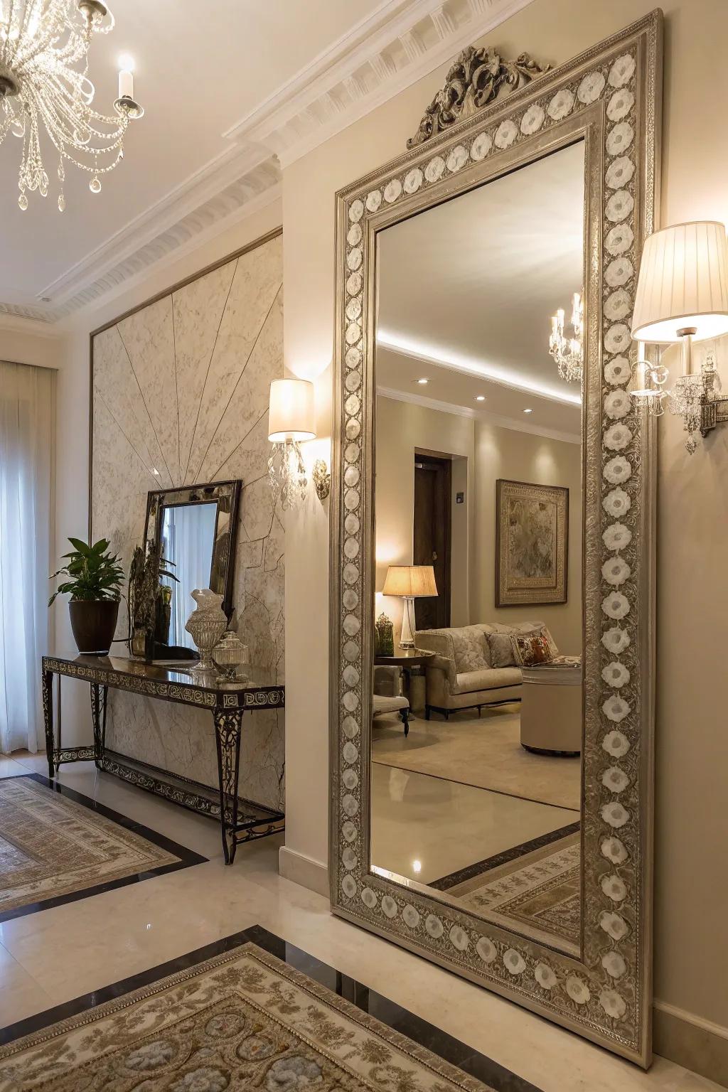 A uniquely designed mirror serves as an artful centerpiece.