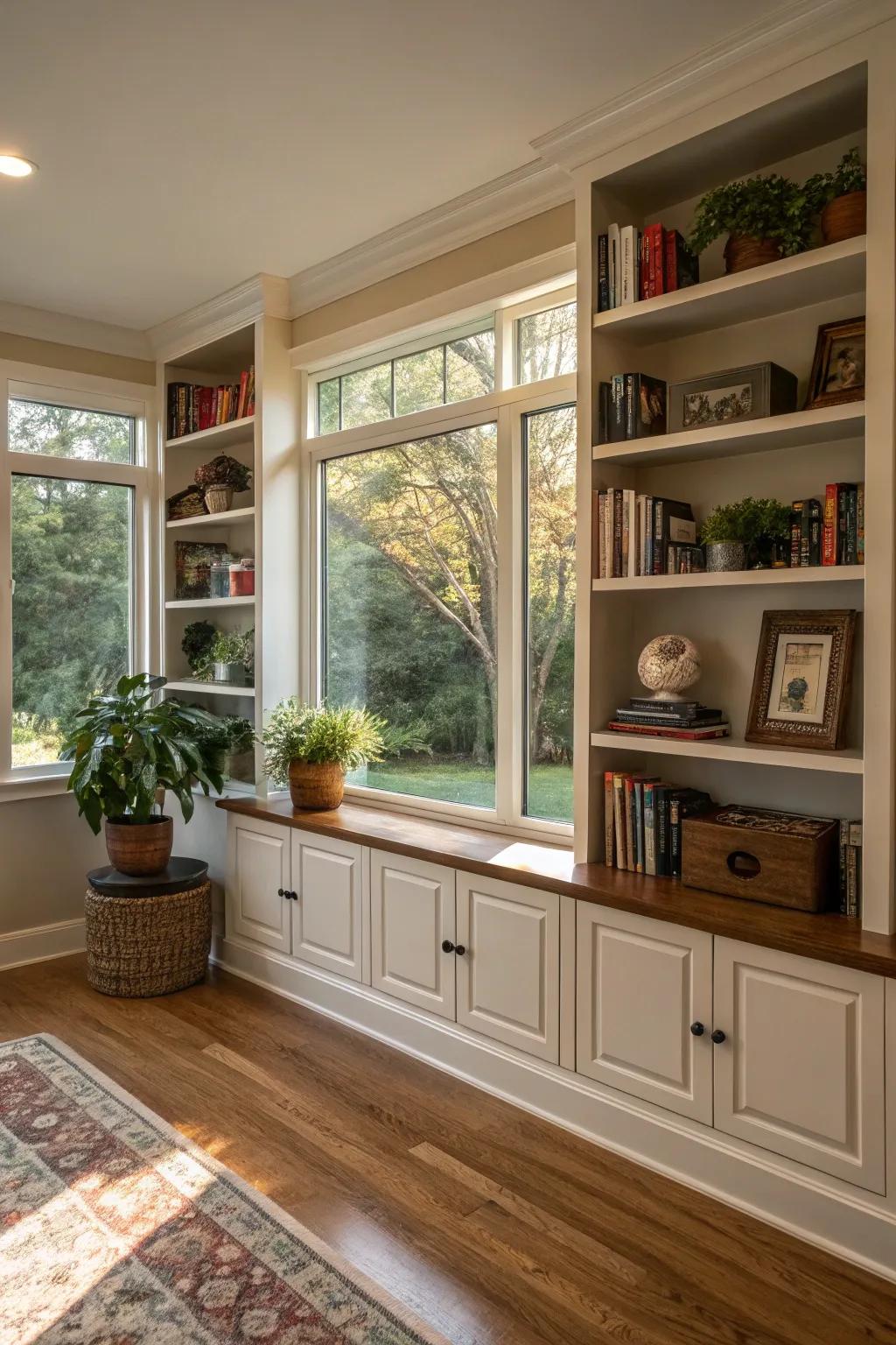 Built-in shelves around a picture window giving storage and style.