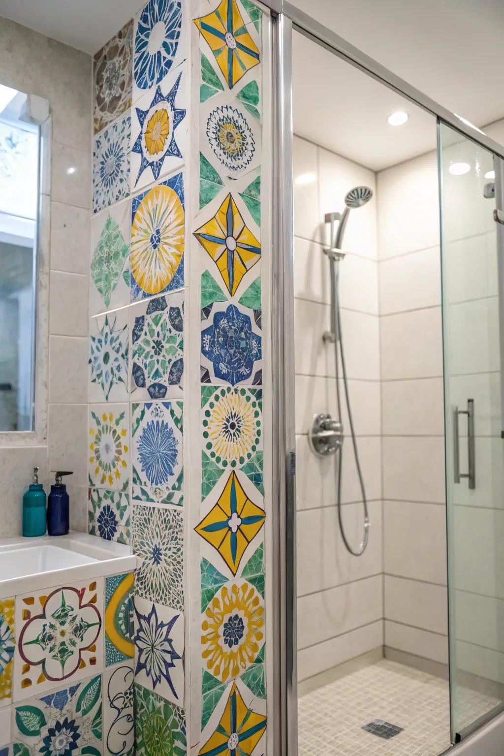 Mosaic tiles introduce color and personality to large tile showers.