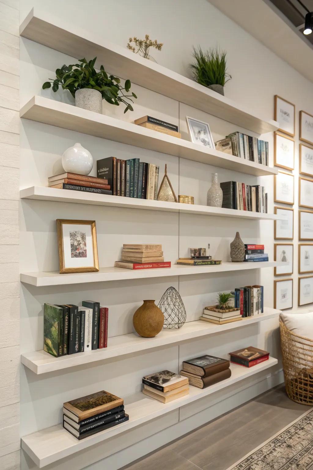 Minimalist shelves provide minimalist elegance for displaying decor.