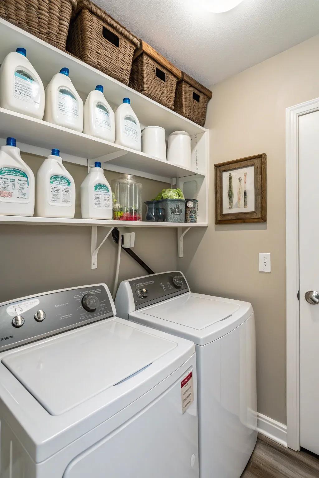 Wall-secured dispensers maximize space in compact washing spaces.