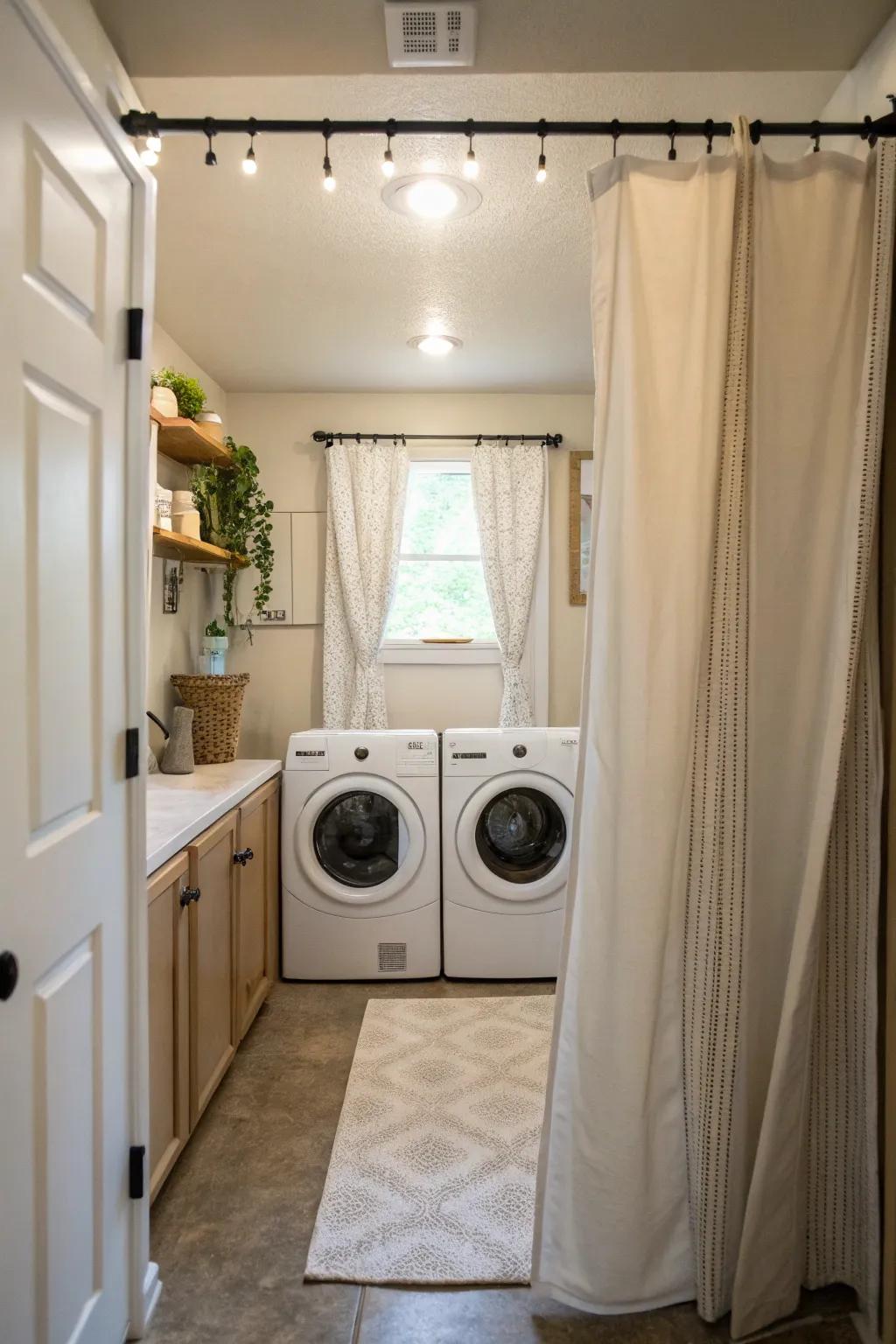 Tie-top drapes offer an uncomplicated and inviting touch to your laundry space.