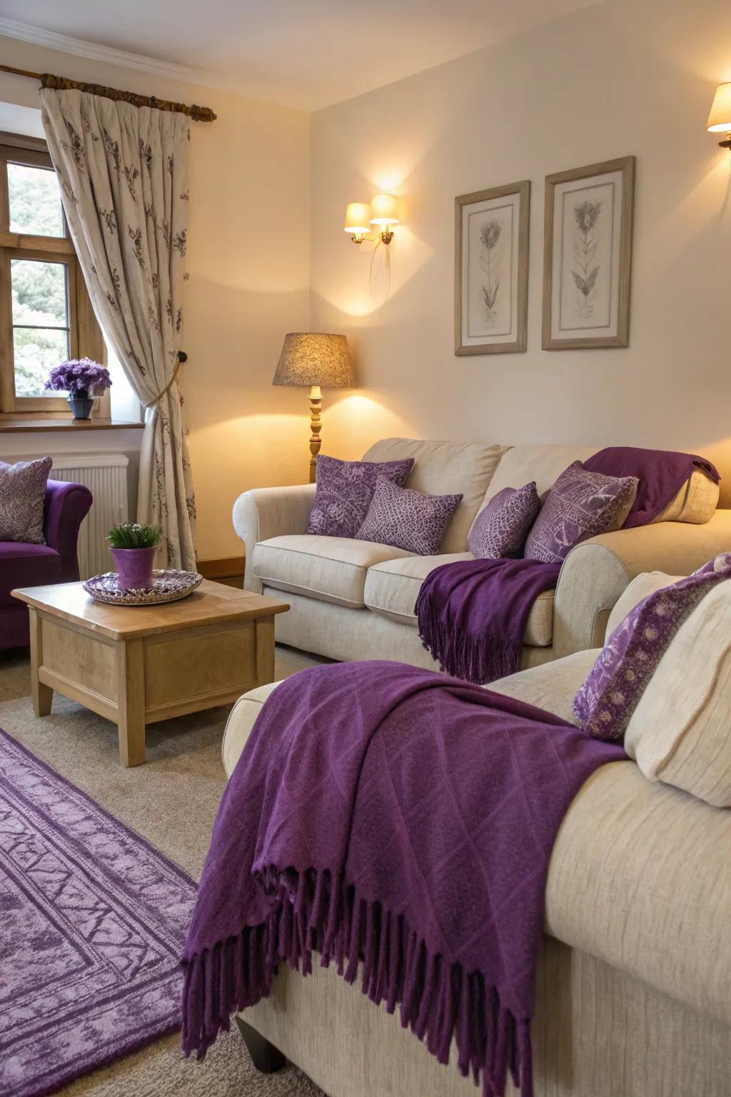 A cozy living room enhanced by purple throws and cushions for added texture.