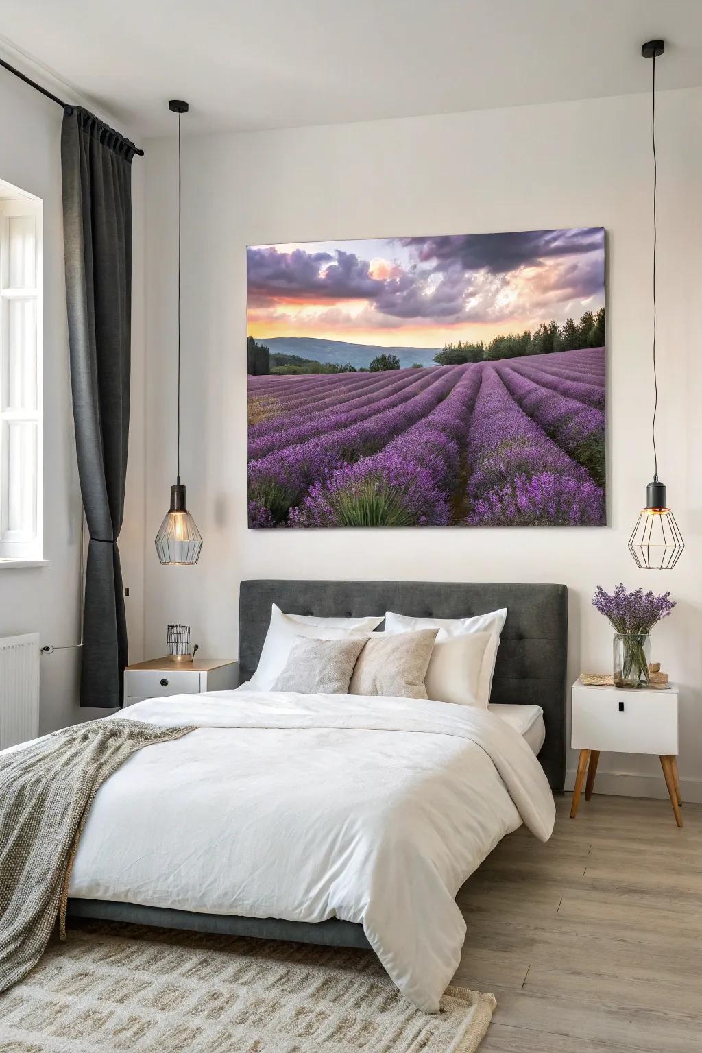 Lavender on an umber art board, constructing a daring visual declaration.