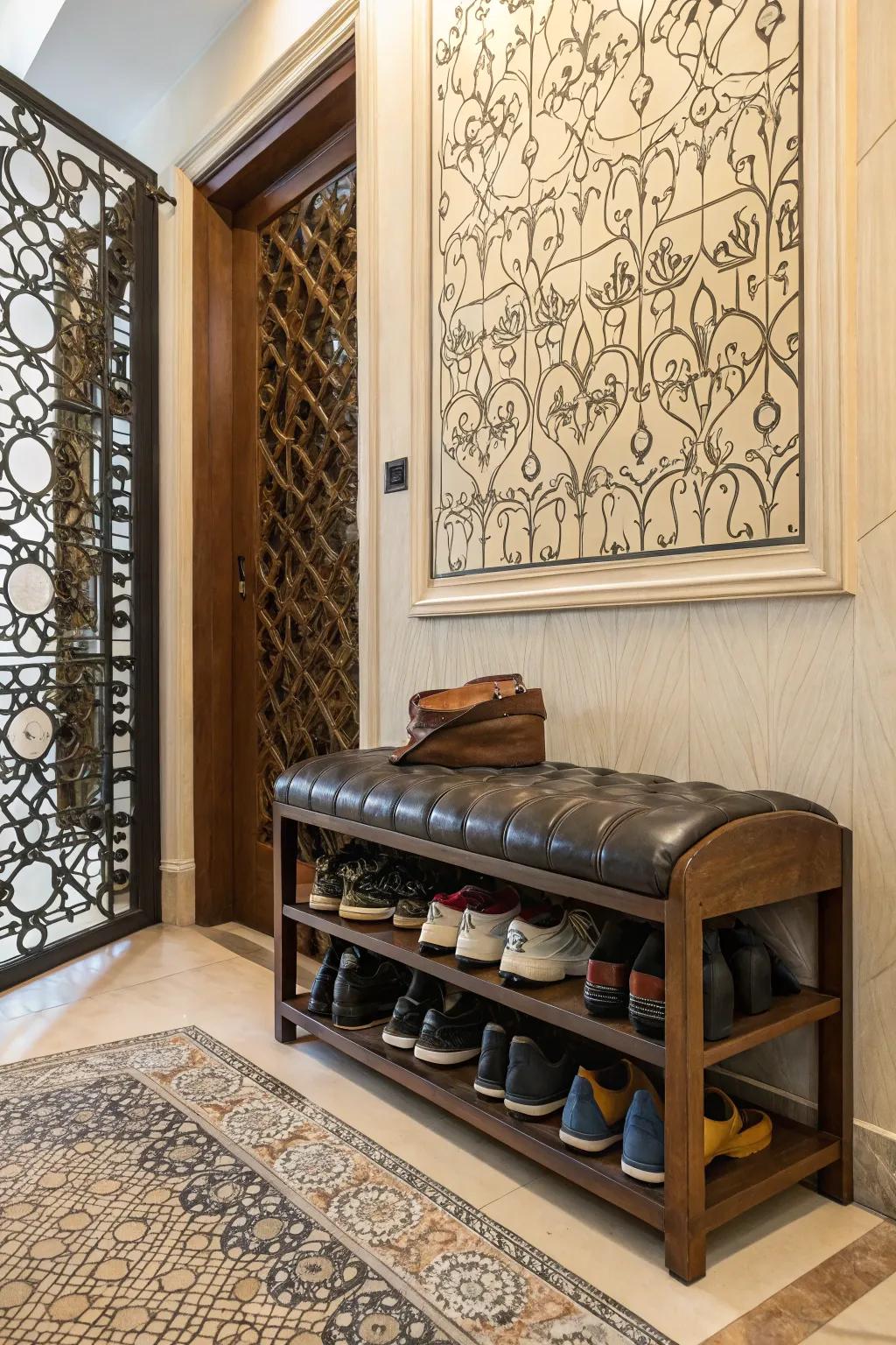 Leather accents turn shoe organizers into stylish storage.