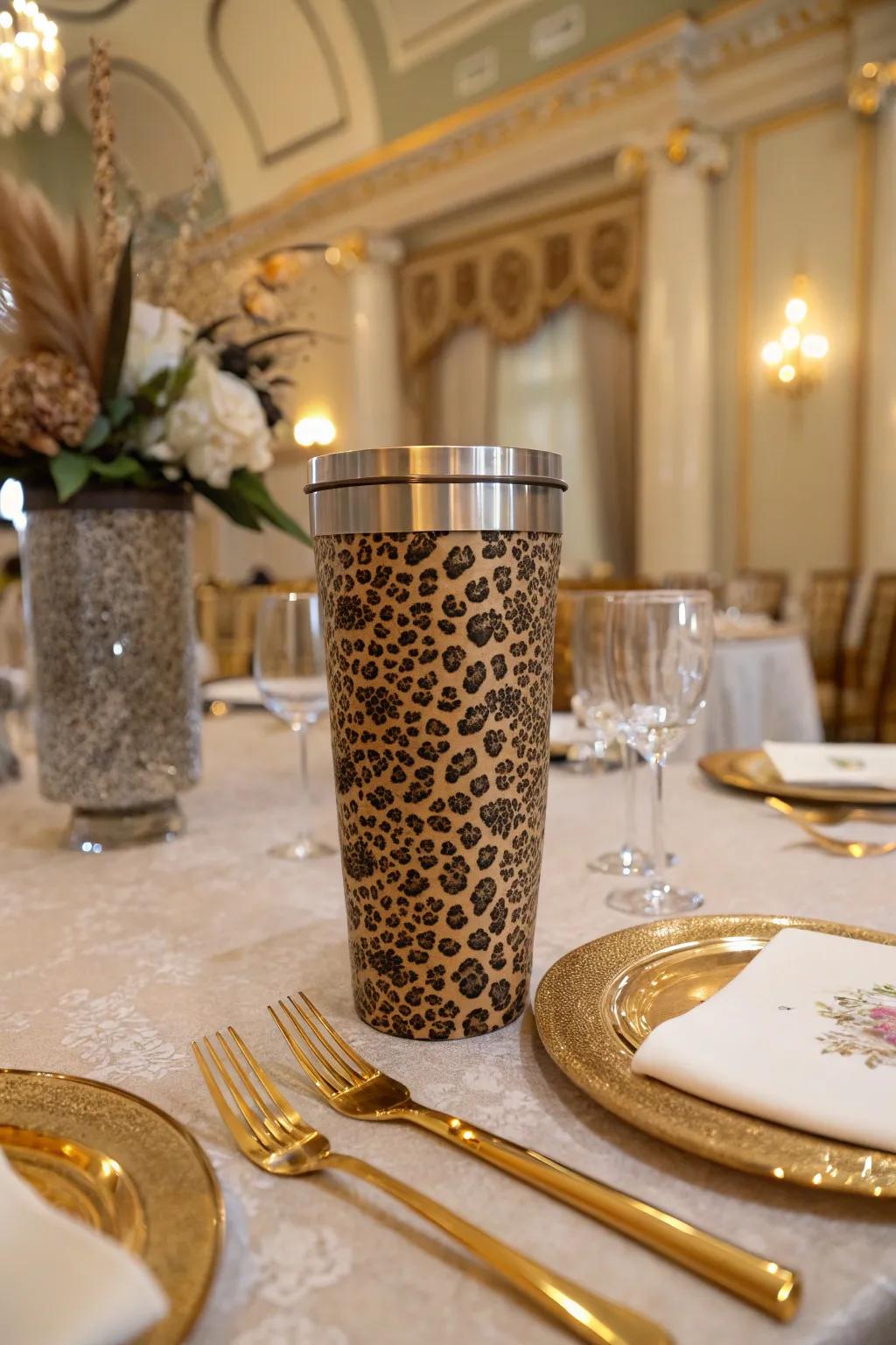 Leopard print meets luxury with metallic highlights for an opulent touch.
