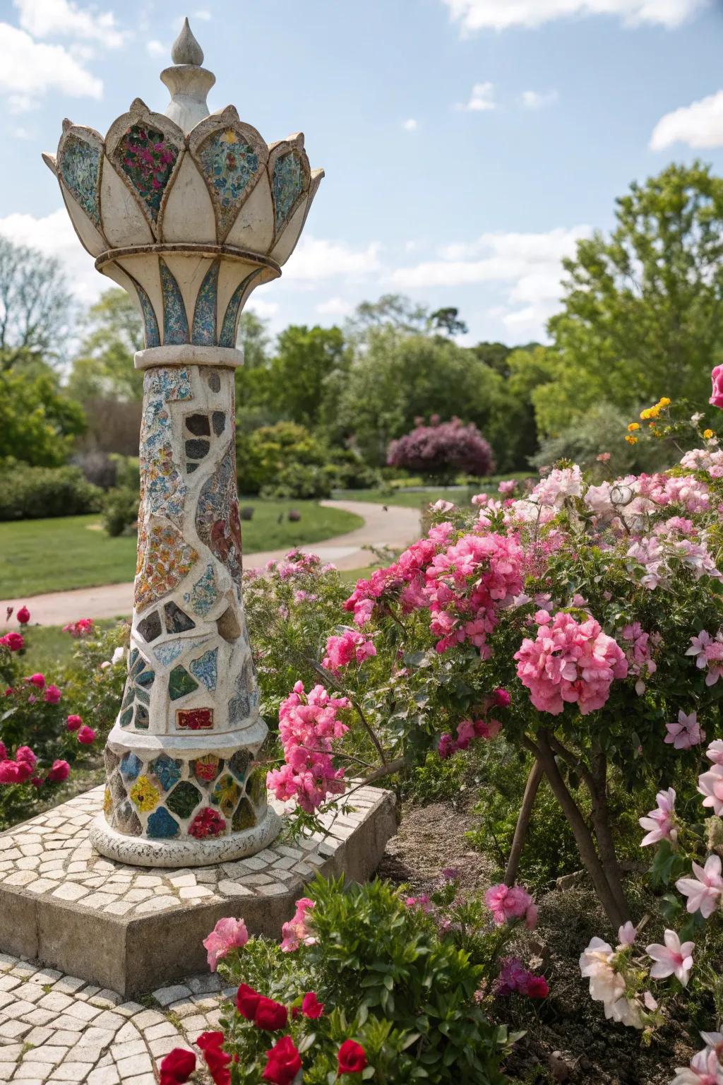 Garden art made from plates, celebrating change.