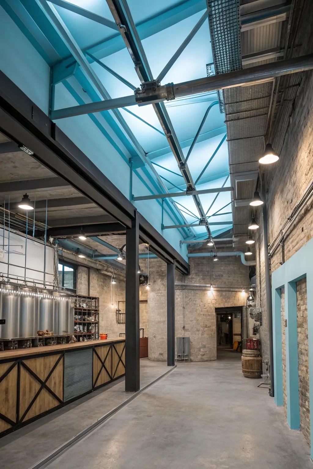 An industrial space softened by a contrasting light blue ceiling.