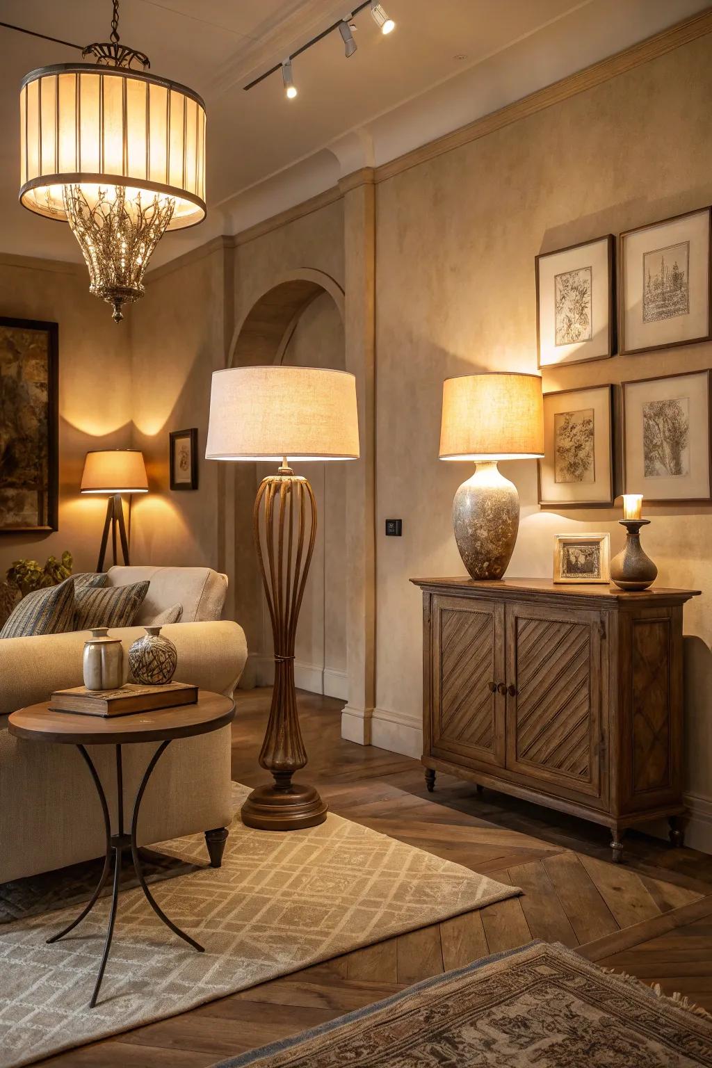 Illumination arrangement enhances the area's warmth and ambiance.