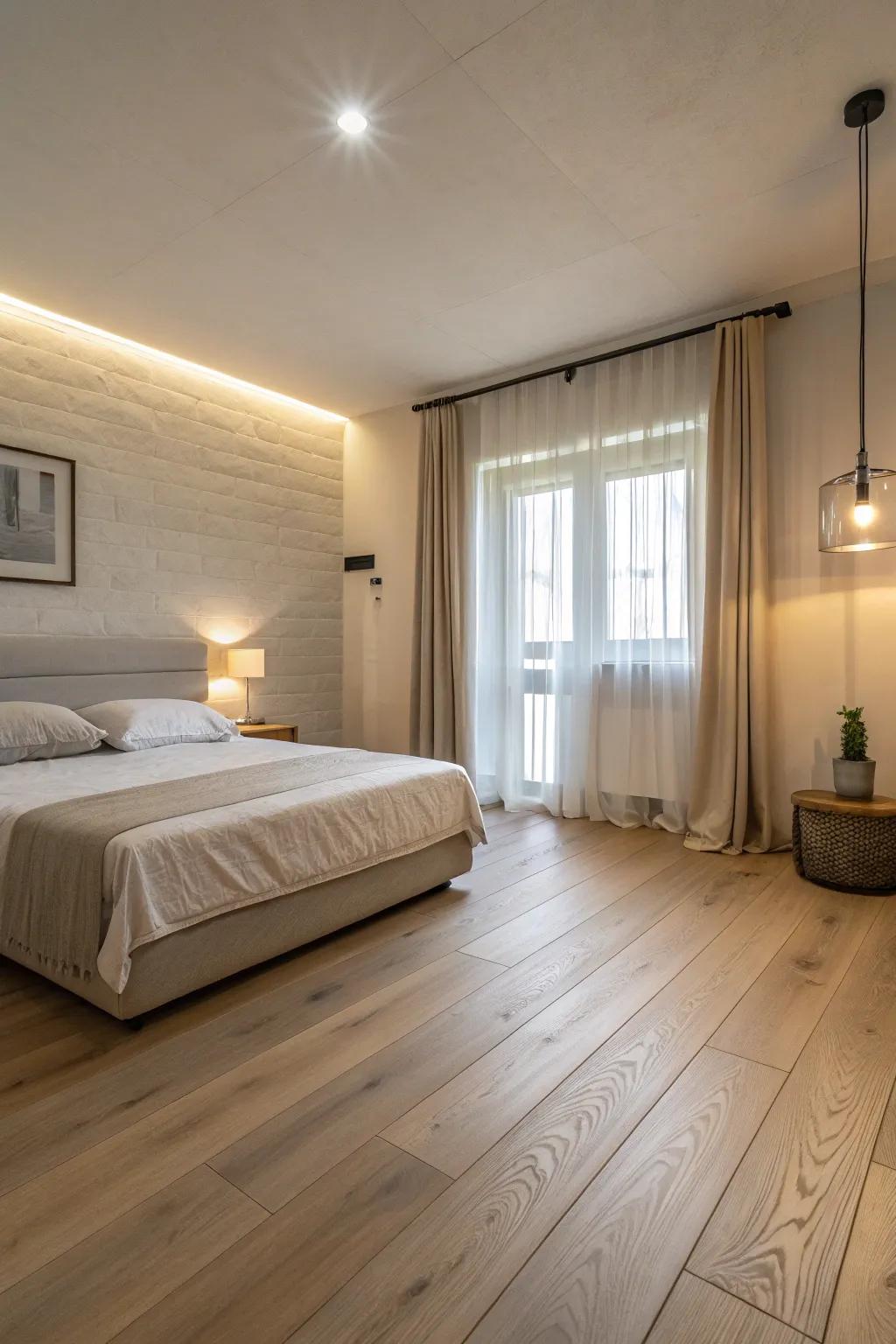 Light tone flooring adds sophisticated simplicity to this minimalist bedroom.