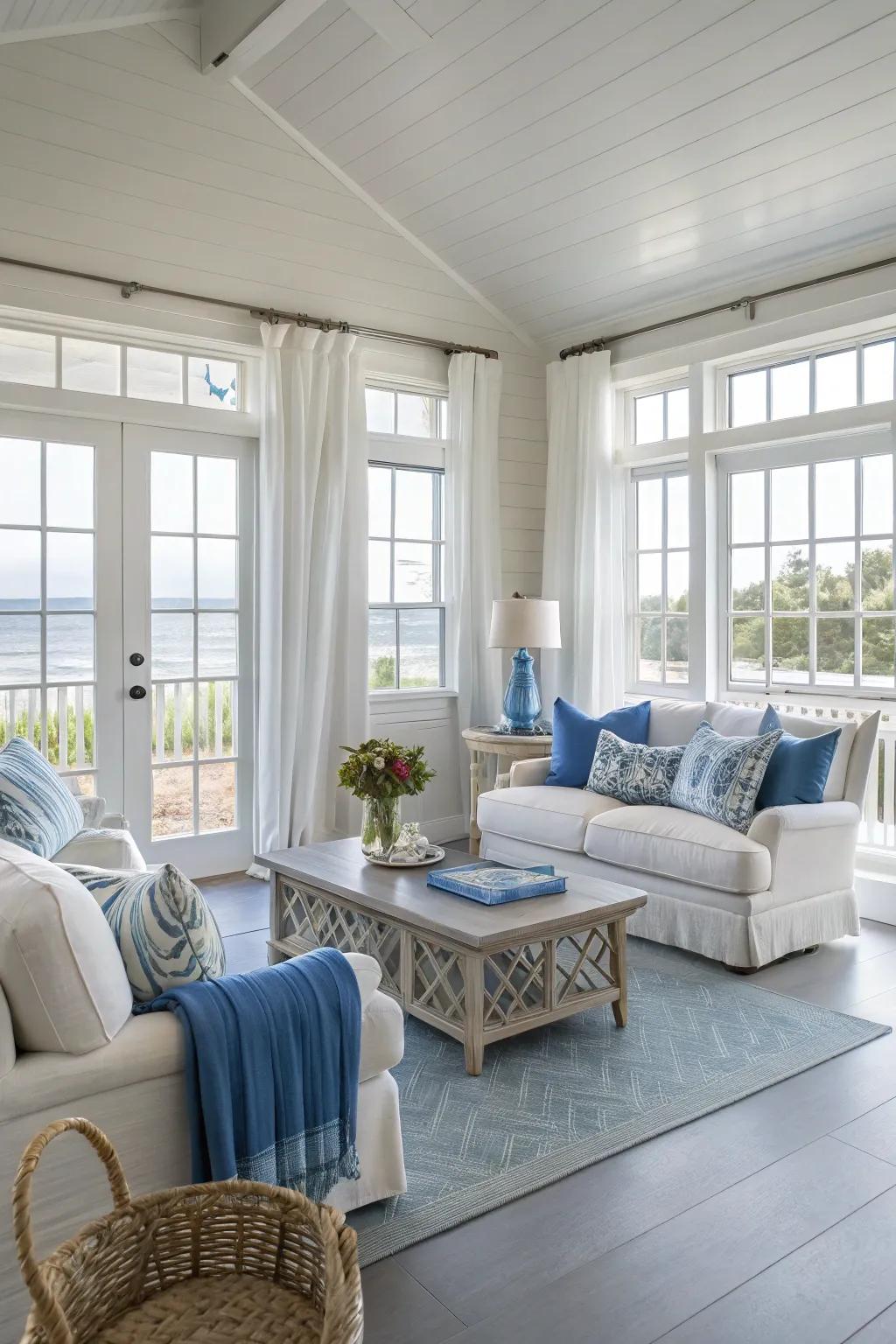 A tranquil coastal living room with light grey flooring.