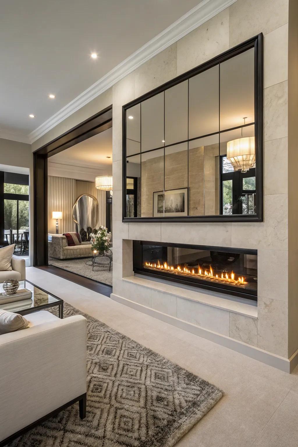 Enhance light and space with mirrors surrounding your fireplace.