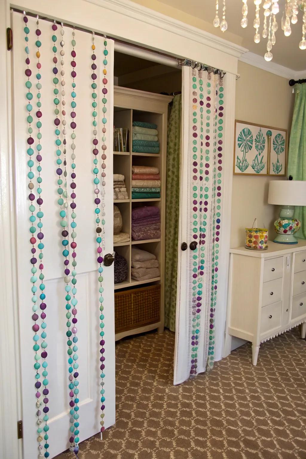 Beaded drapes delivering a whimsical and retro touch to a linen storage.