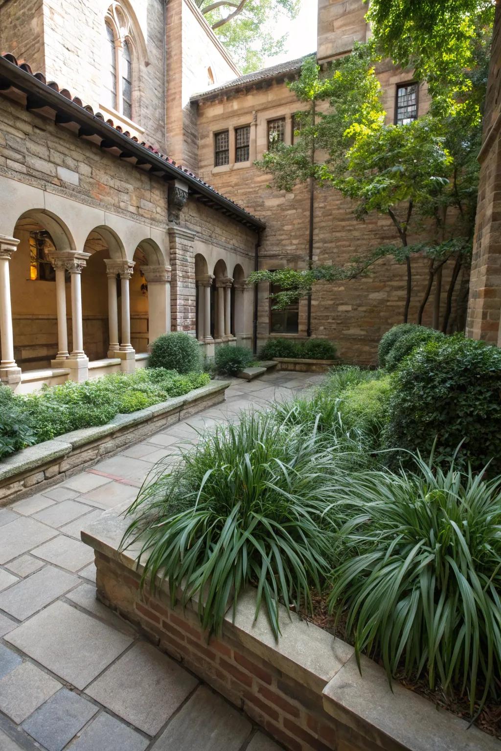 Courtyard corners brightened by the lively greenery of Whispering Grass.