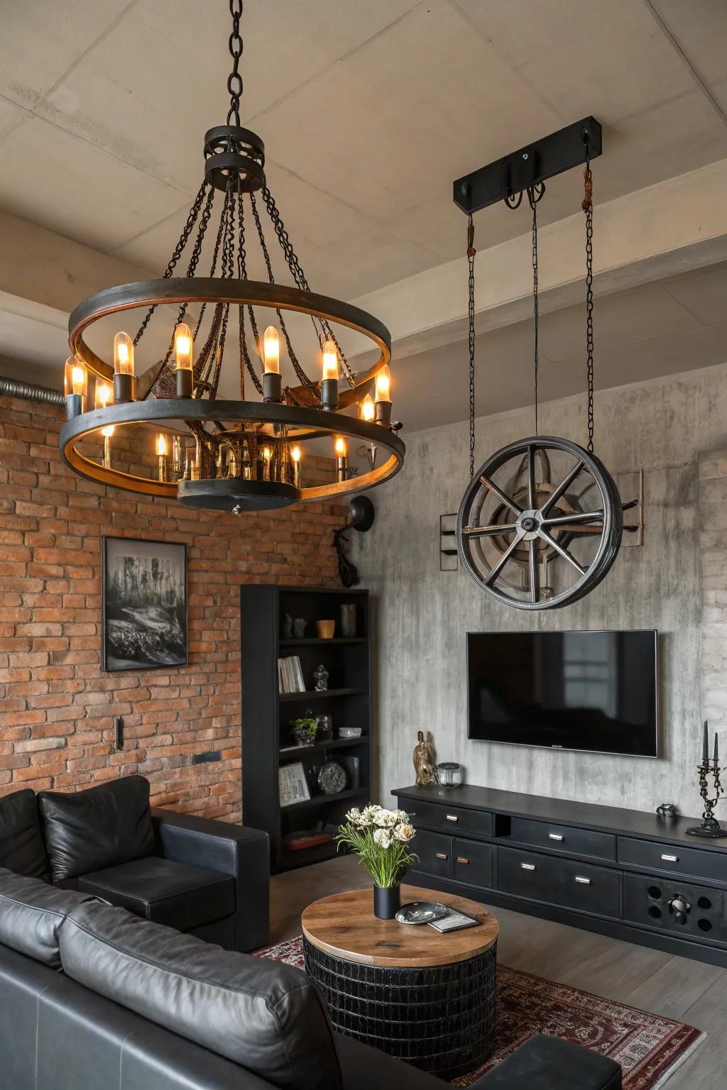 A living room showcasing an urban-style chandelier with metallic details.