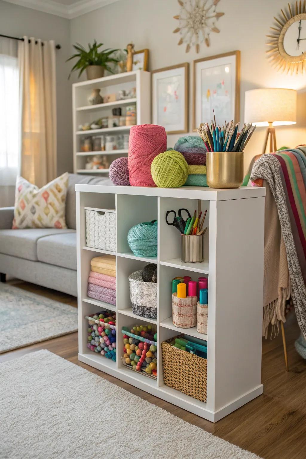 A craft corner organizer using cube storage for neat creativity.