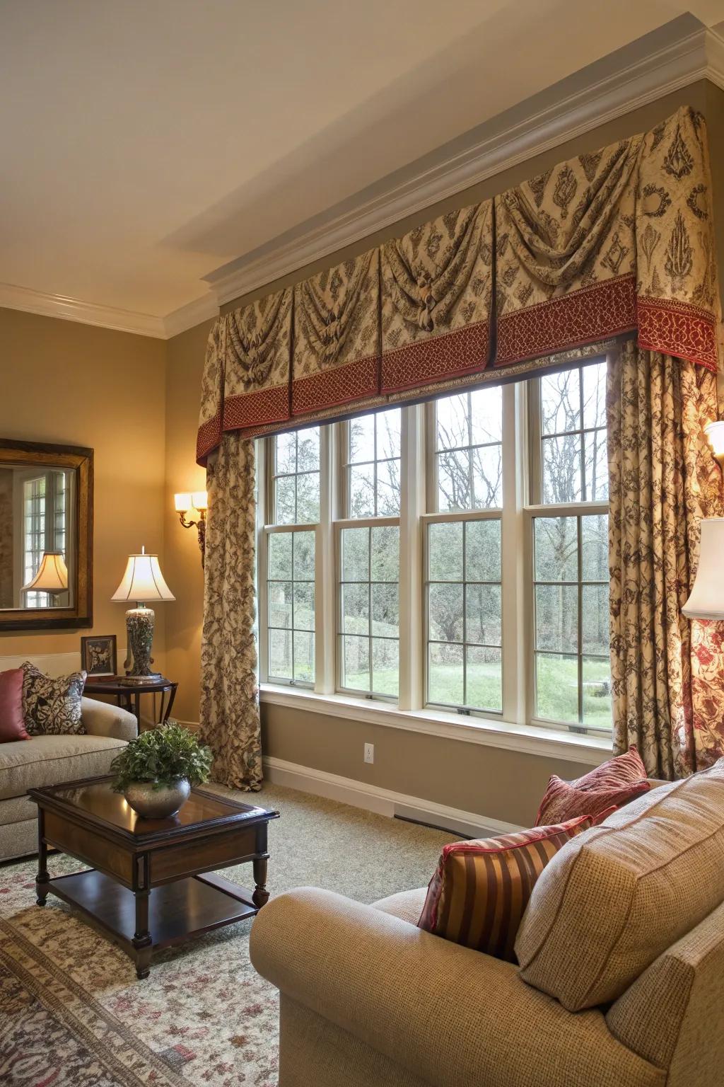 Themed toppers add an elegant frame to your windows.