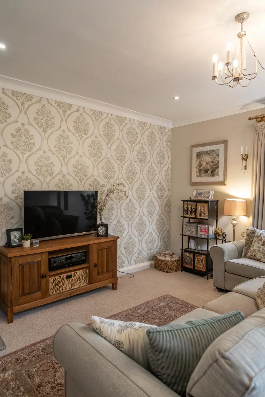 Selective wallpaper adds depth to the living space.