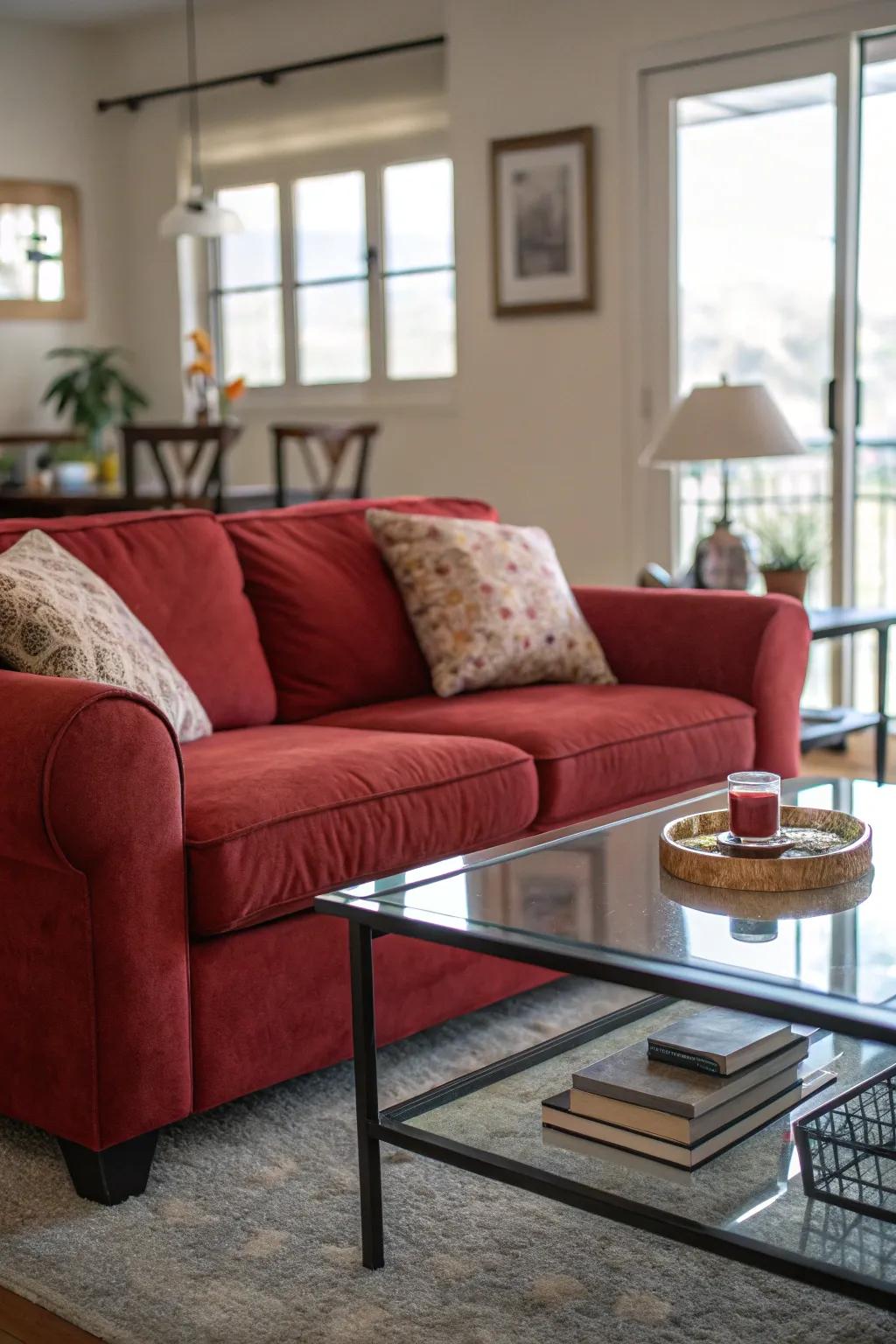 Enhancing the room's overall panache, the appropriate coffee table enhances your red sofa.
