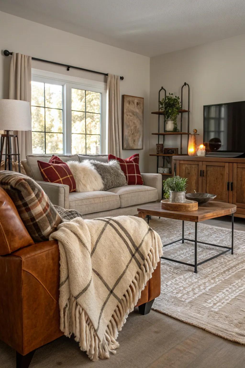 A lounge with a mix of textures for added depth.