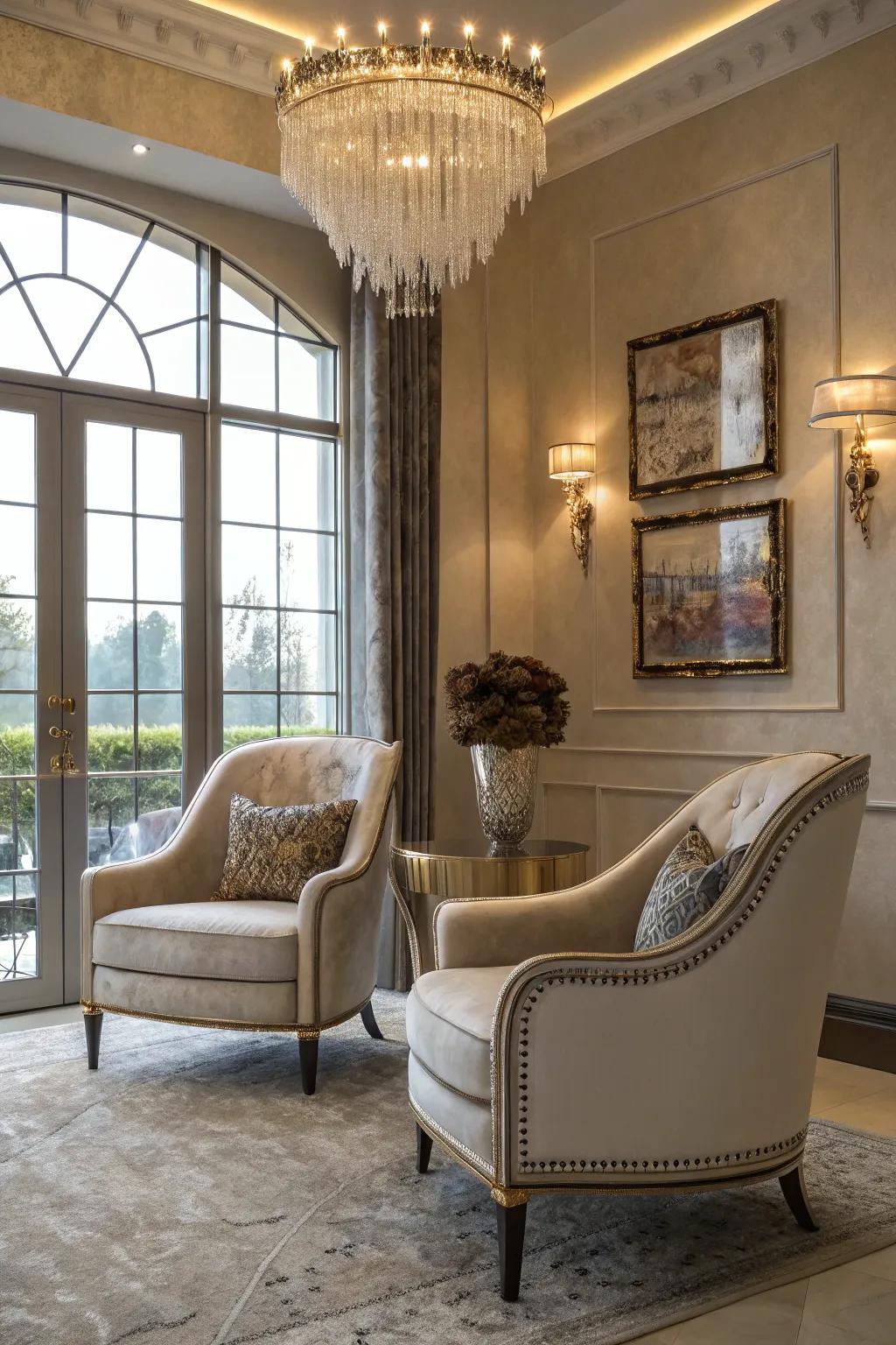 Metallic details bestow an element of sophisticated charm.