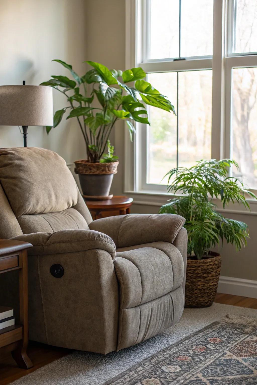 A refreshing living space corner with a recliner and greenery.