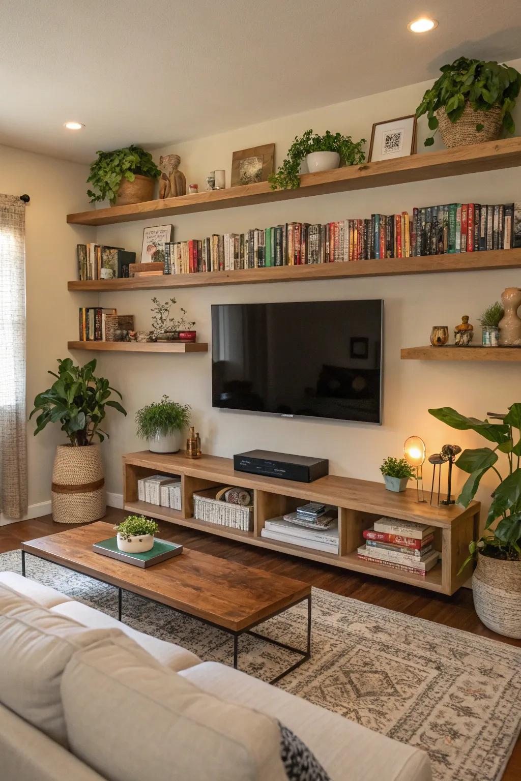 Floating shelves offer storage without overwhelming the space.