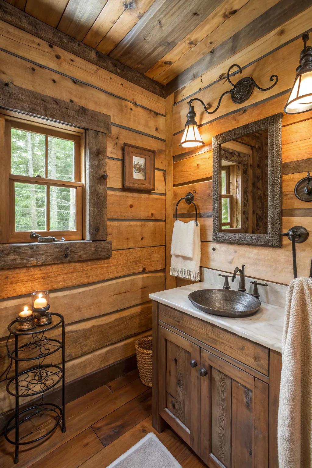 A log cabin bathroom with repurposed wood and metal accessories.