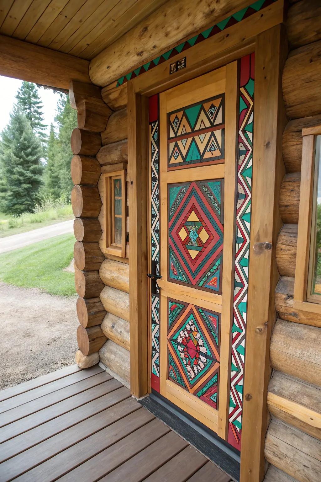 A cabin door featuring bold geometric layouts.
