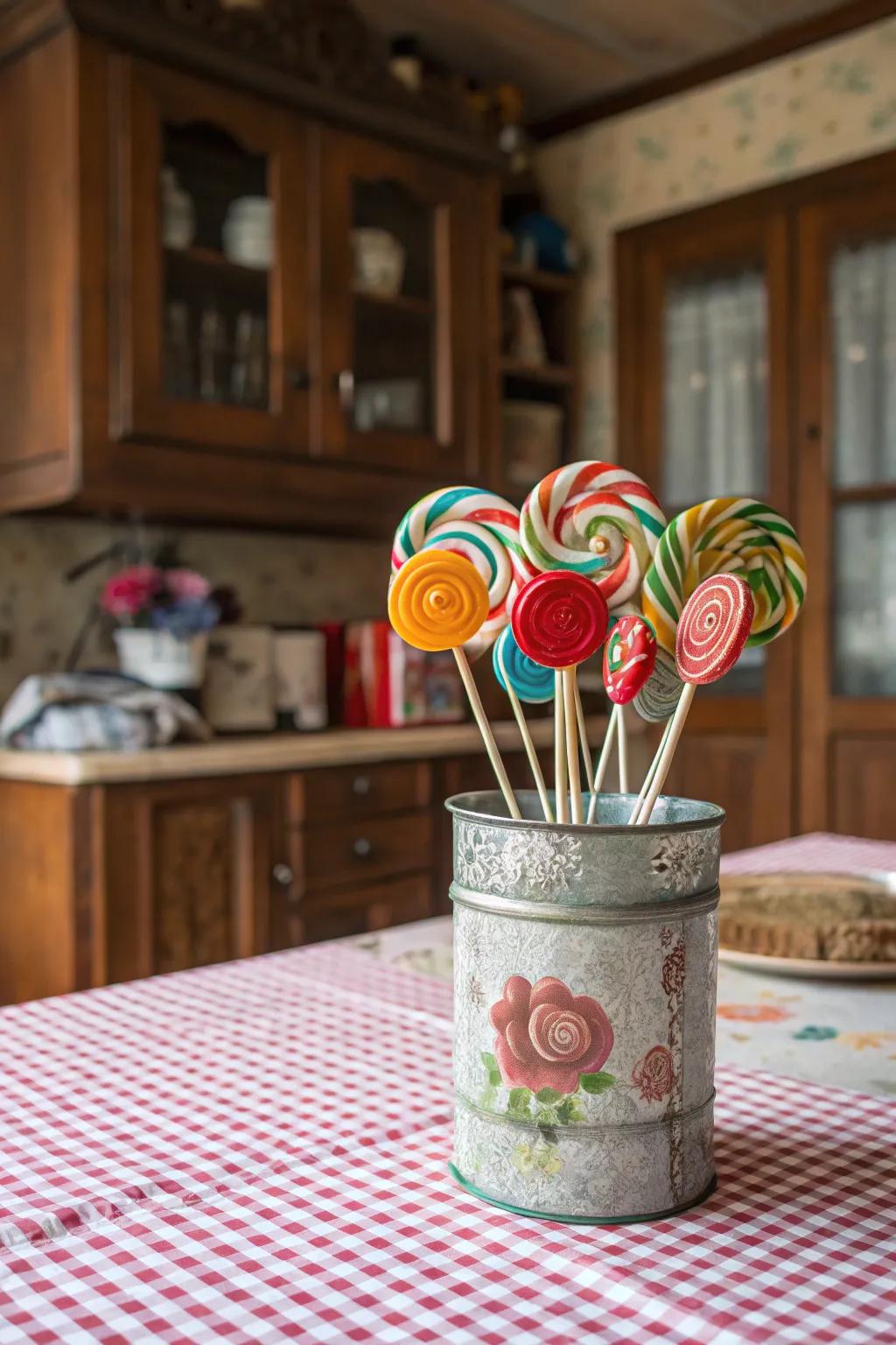 A retro tin can holding a candy bouquet