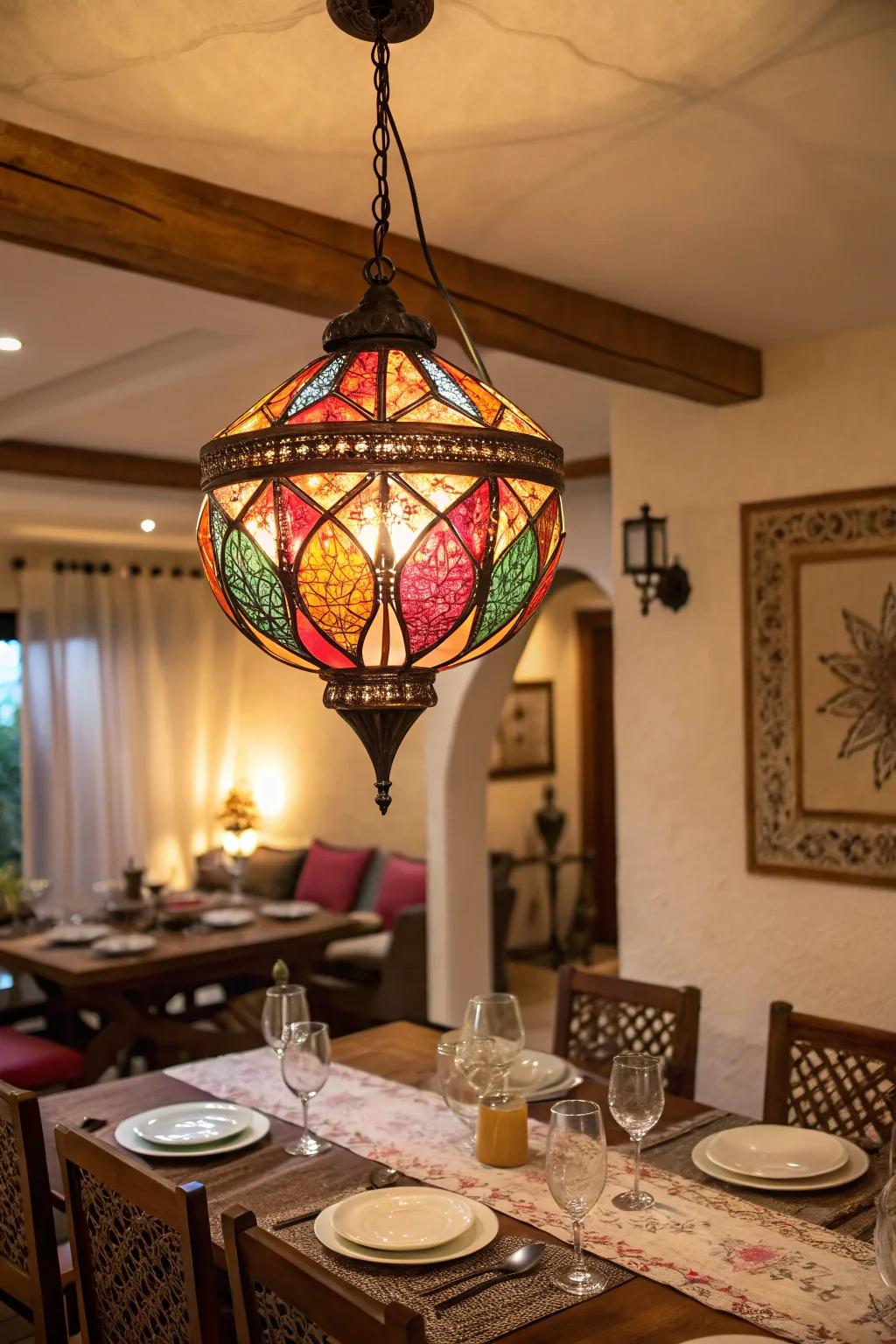A colorful fixture gives a dining room a lively feel.