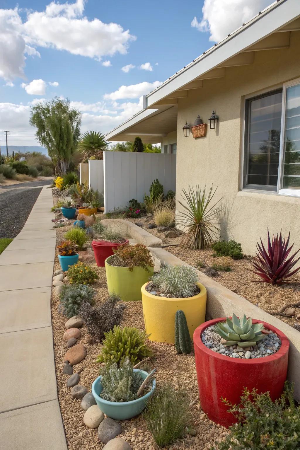 Containers add flexibility and visual interest to a xeriscape yard.