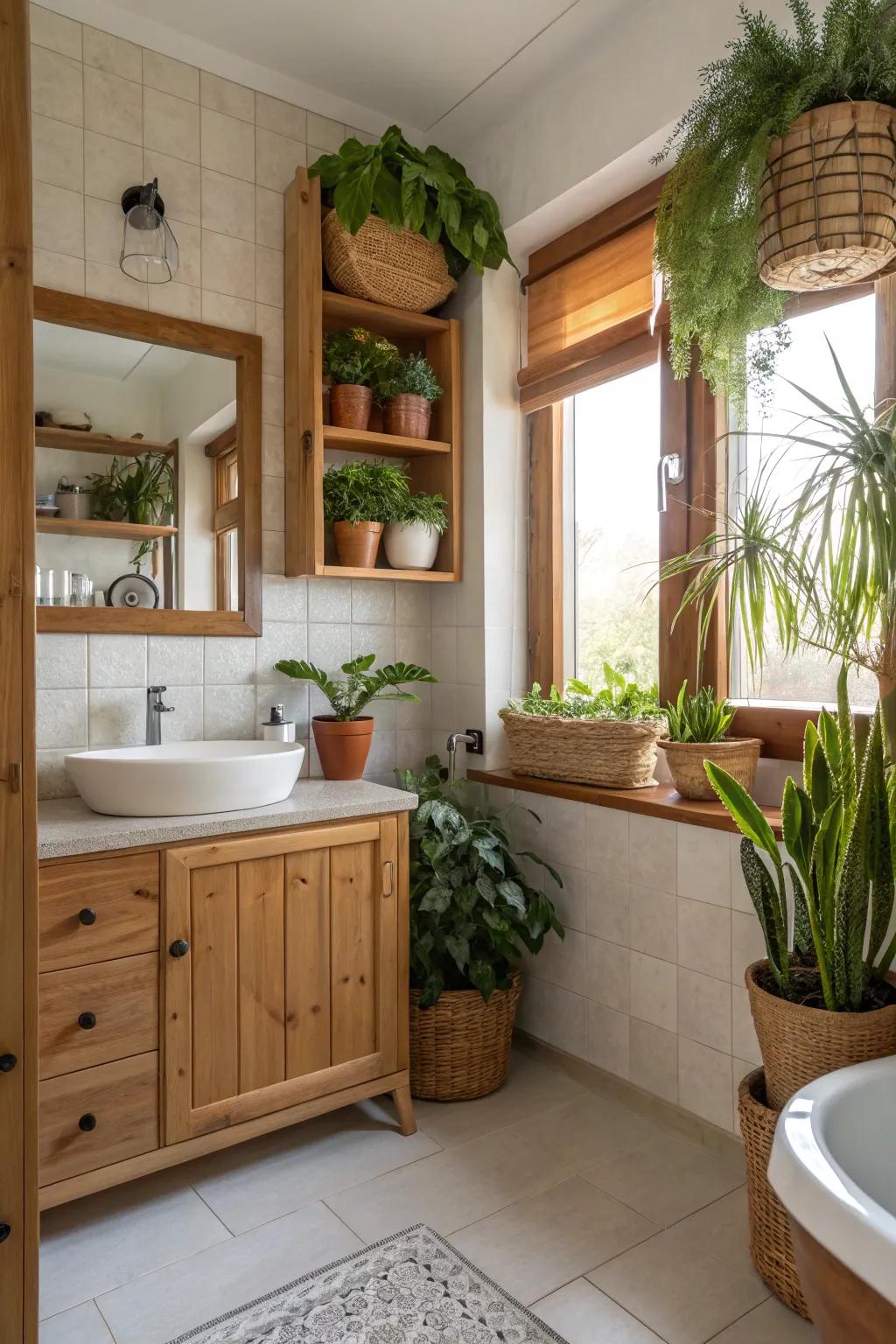 Nature-inspired features adding a calming effect to a bathroom.