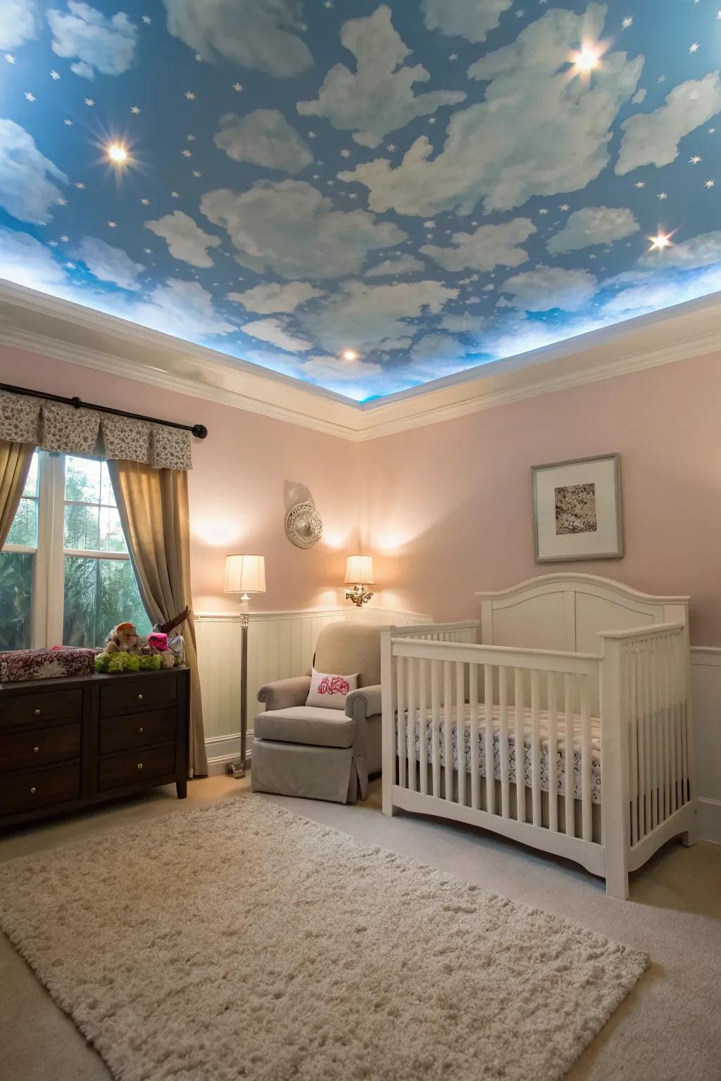 A nursery with a statement overhead featuring a sky theme for a fun touch.