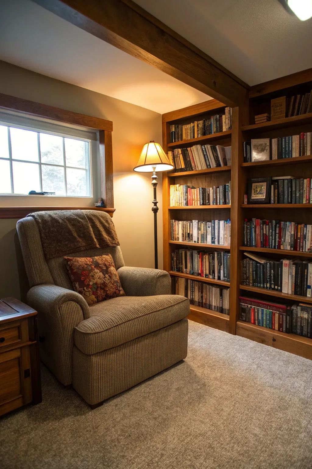 Establish a serene escape with a comfortable reading corner inside your man cave.