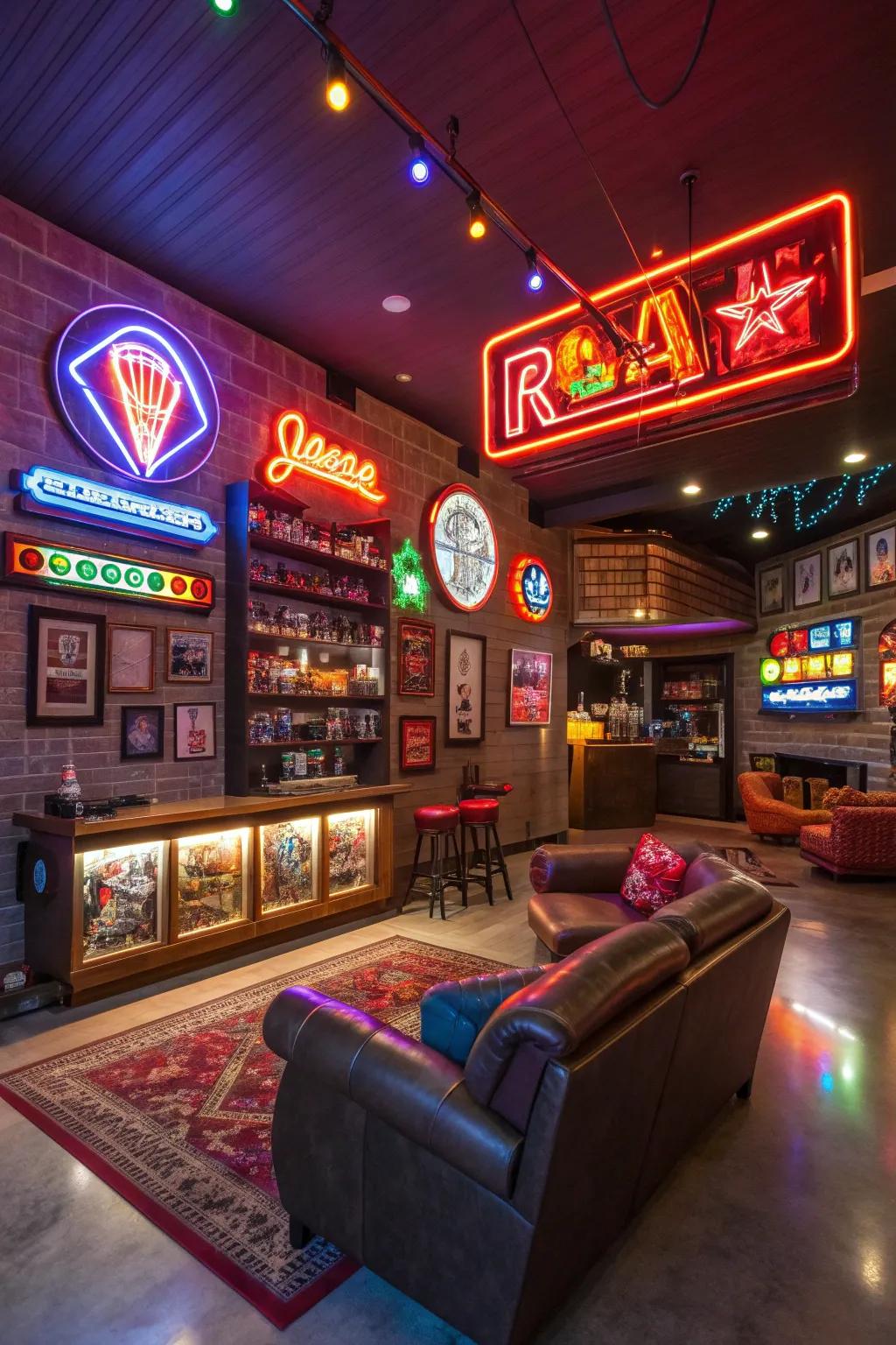 Neon signage adds a playful and vibrant touch.