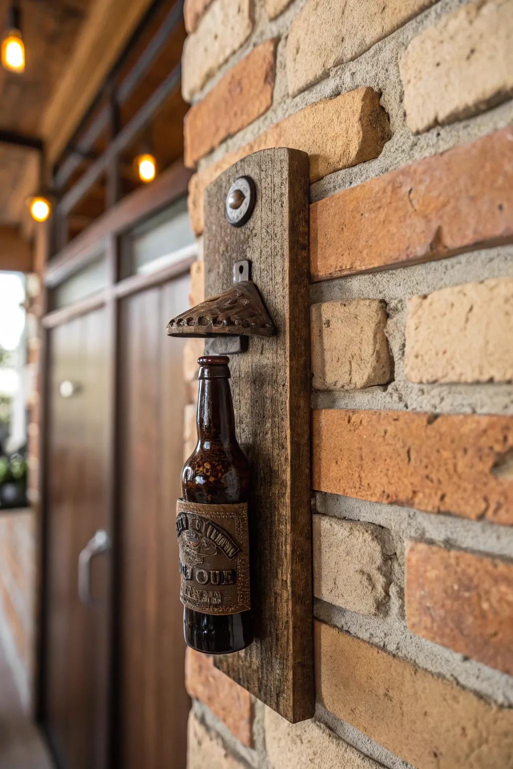 A wall-affixed bottle tool adds convenience with style.