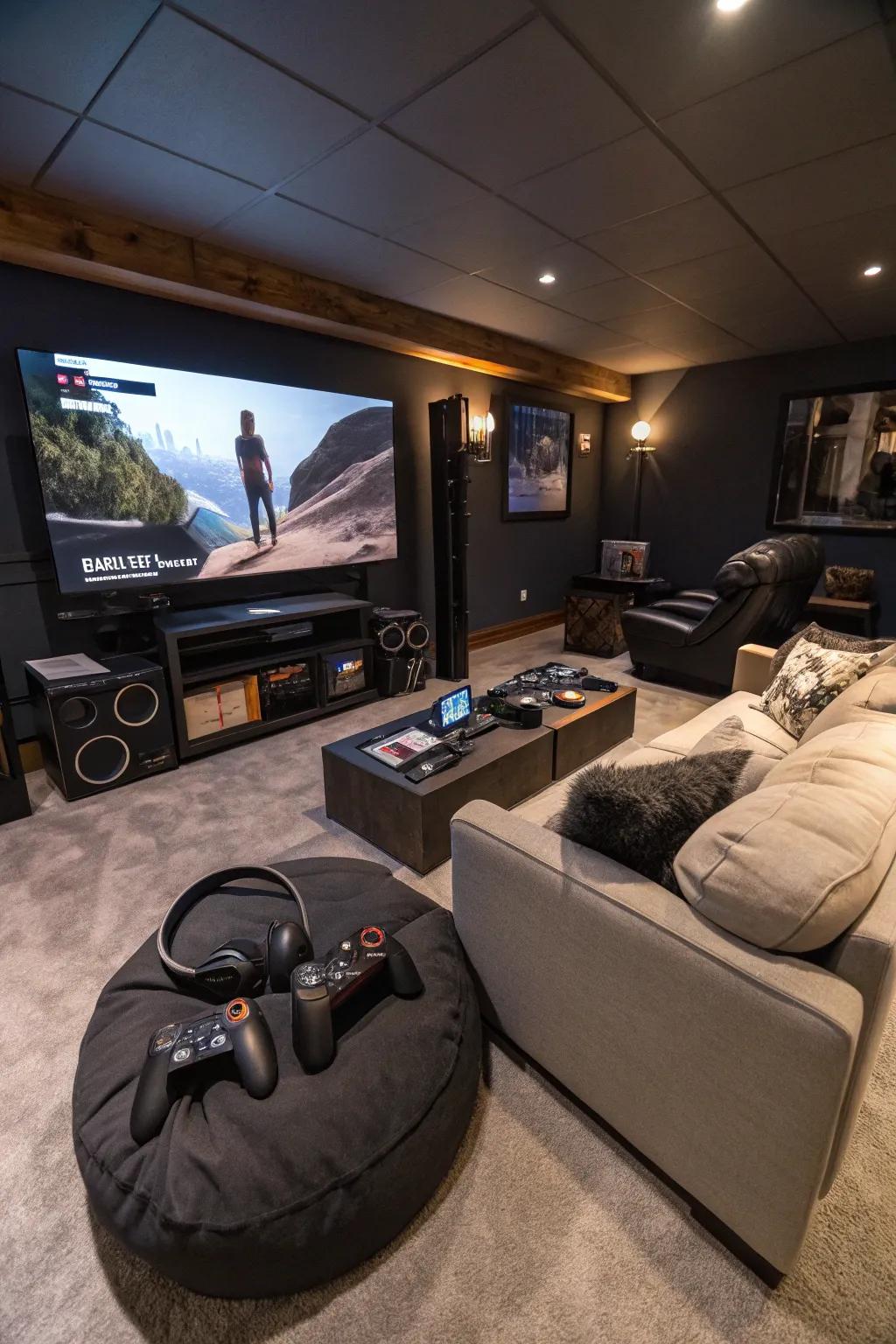 A futuristic virtual reality corner in a man cave.