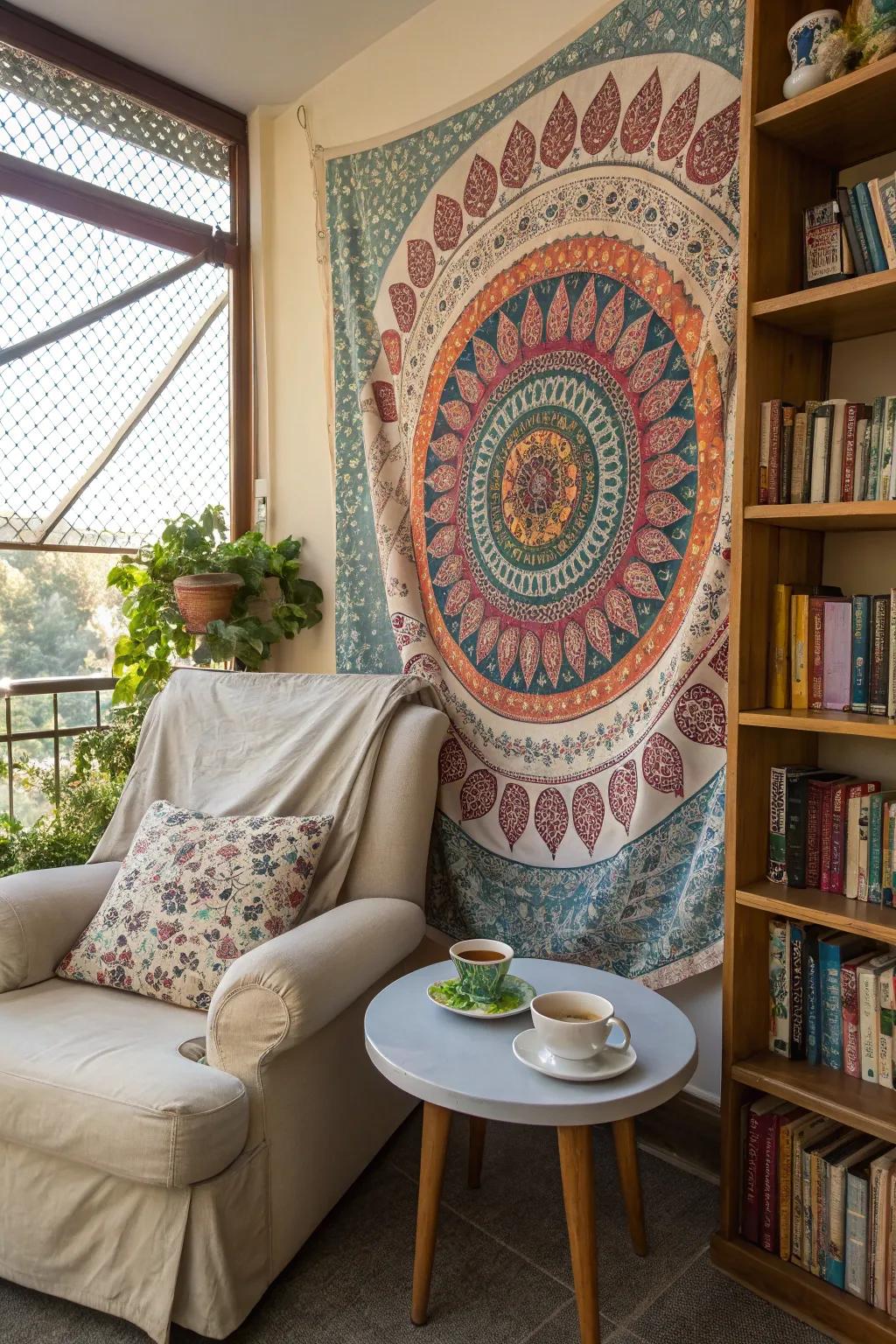 A sacred geometry cloth making a cozy atmosphere in a reading nook.