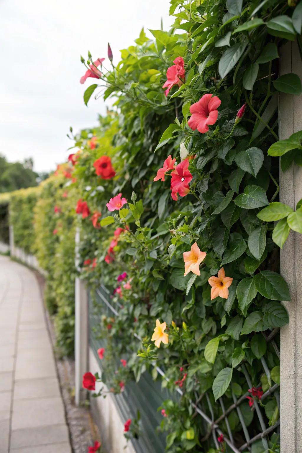A vertical garden trellis showcasing mandevilla maximizes space and adds lush beauty.