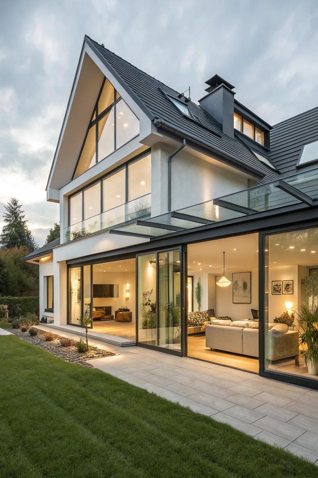 Glass elements bring modern transparency to this mansard roof.