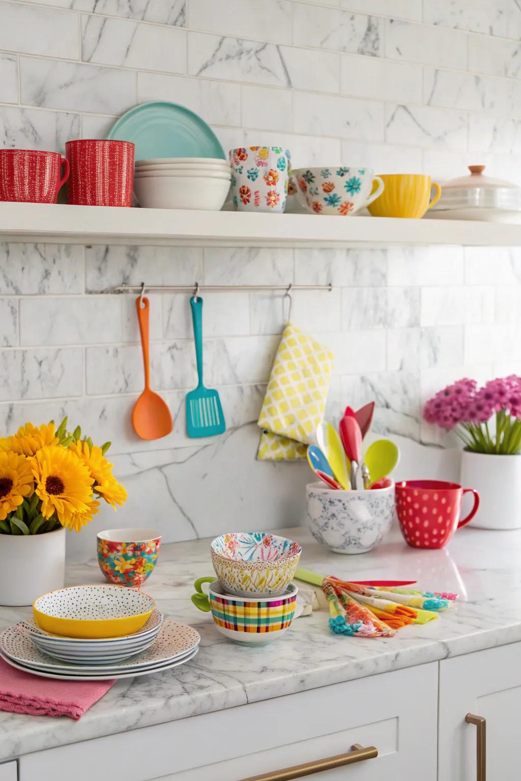 A vibrant kitchen with a neutral marble backsplash and colorful accents.